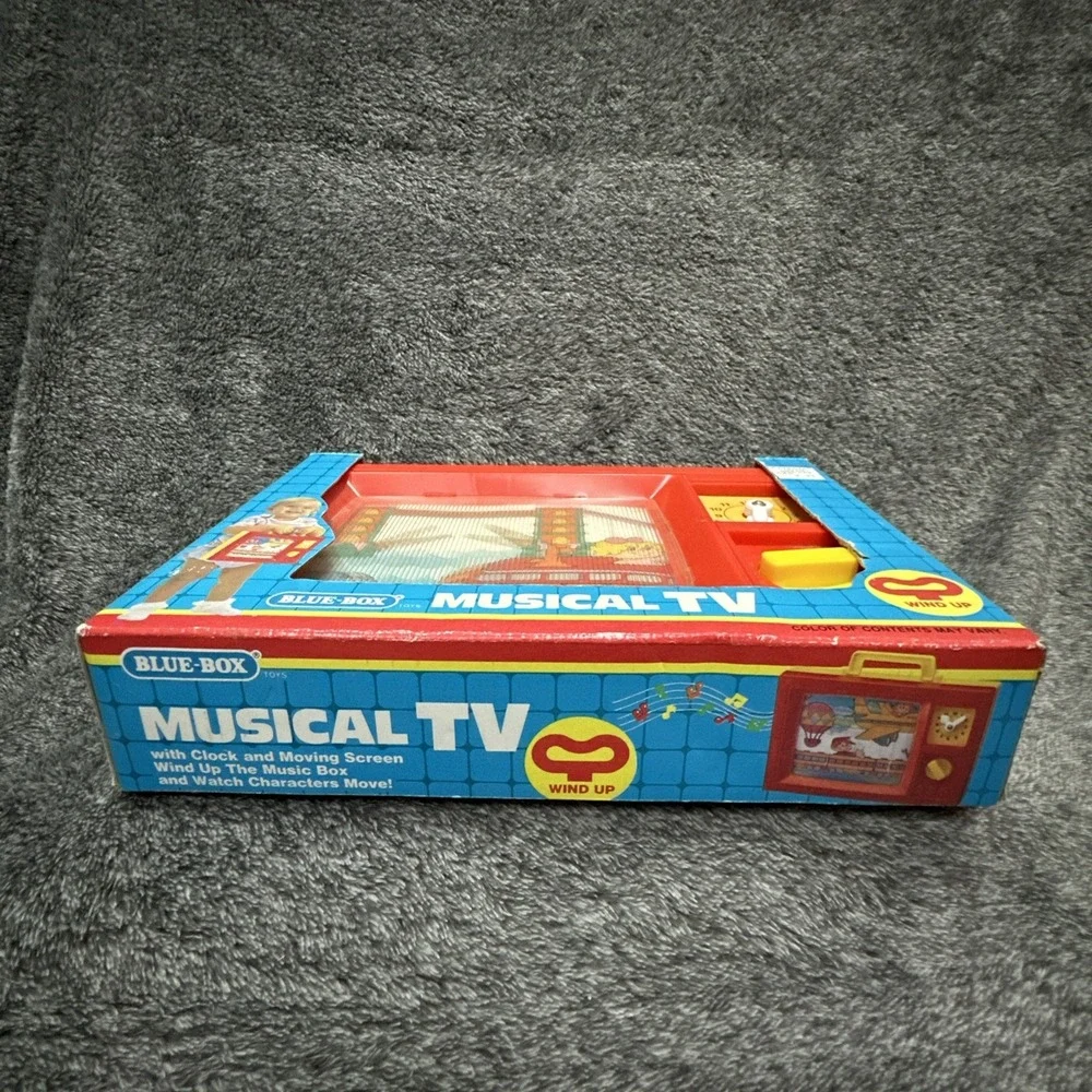 VTG 1979 Blue Box Working Wind Up Musical TV Toy 